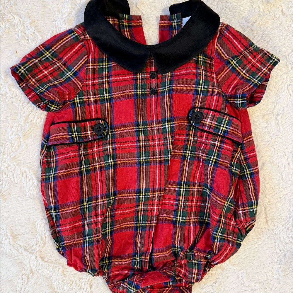 Red Plaid Baby Romper with Black Collar